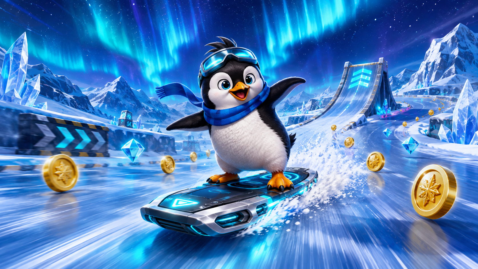 Pinguim surfando em uma pista de gelo com moedas, diamantes e rampas